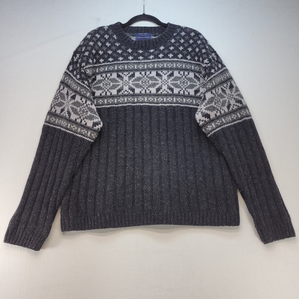 Davis & Squire Hand Knit Shetland Wool Sweater Mens XL Gray Fair Isle Heavy